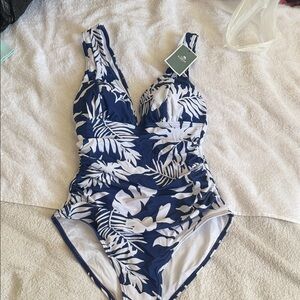Blue and White Leaf Print Kids Swimsuit